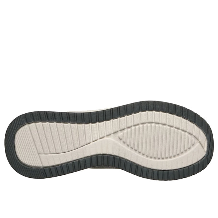 The image shows the sole of the Skechers Mens Bobs Sport Squad Chaos 4 Slip In Charcoal Grey, with a textured white center, black grooved edge, and a tread pattern of horizontal and vertical lines for grip., 52366, 52367, 199252037244, 199252037268, 19925
