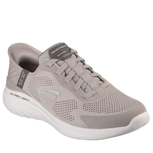 The Skechers Mens Slip Ins Bounder 2.0 Emerged Taupe features a light gray mesh upper, lace-up design, white S logo, Ultra Light sole, and memory foam insole for breathable comfort in every step.