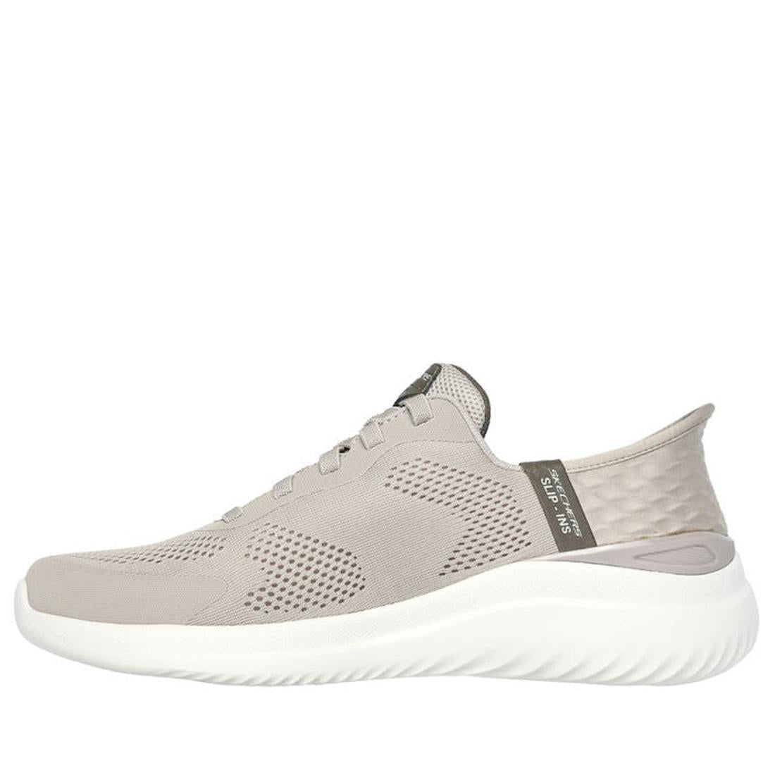 The Skechers Mens Slip Ins Bounder 2.0 Emerged Taupe features a light gray mesh upper with subtle perforations, a memory foam insole, and a white textured sole, displayed here in a side profile view., 42449, 42450, 196989485171, 42452, 196989485195, 42454