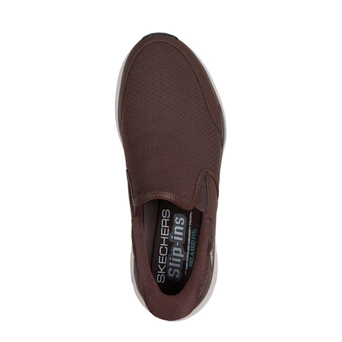 Top view of the Skechers Mens Slip Ins Relaxed Fit Equalizer 6.0 Stoaver Brown slip-on shoe, featuring a brown mesh upper, white sole, and visible Slip-ins and Air-Cooled Memory Foam insole labels., 52380, 52381, 199025177290, 52383, 199025177313, 52385, 