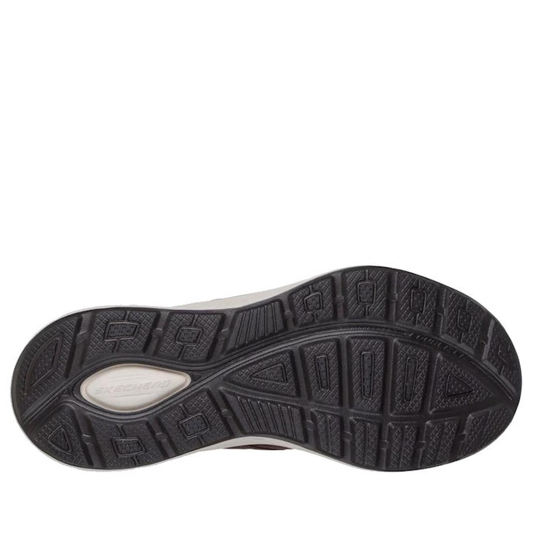 The image displays the black rubber outsole of the Skechers Mens Slip Ins Relaxed Fit Equalizer 6.0 Stoaver Brown, with a textured tread and an embossed Skechers logo near the heel., 52380, 52381, 199025177290, 52383, 199025177313, 52385, 199025177337