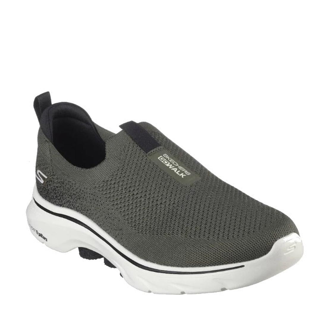 Skechers GO WALK 7 men's slip-on trainer in olive and black with a comfy white sole, mesh upper, and easy no-lace design for walks.  ksnz