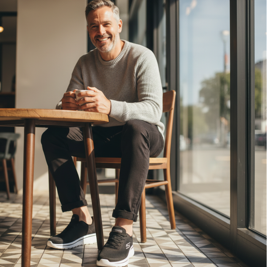A smiling man sits by a sunny window, holding a cup. He wears a light grey sweater, black pants, and Skechers Mens Slip In Go Walk Arch Fit Lace Up N-Joy Lenny Black White sneakers for comfort and style., 198739977240, 198739977264, 198739977288, 19873997