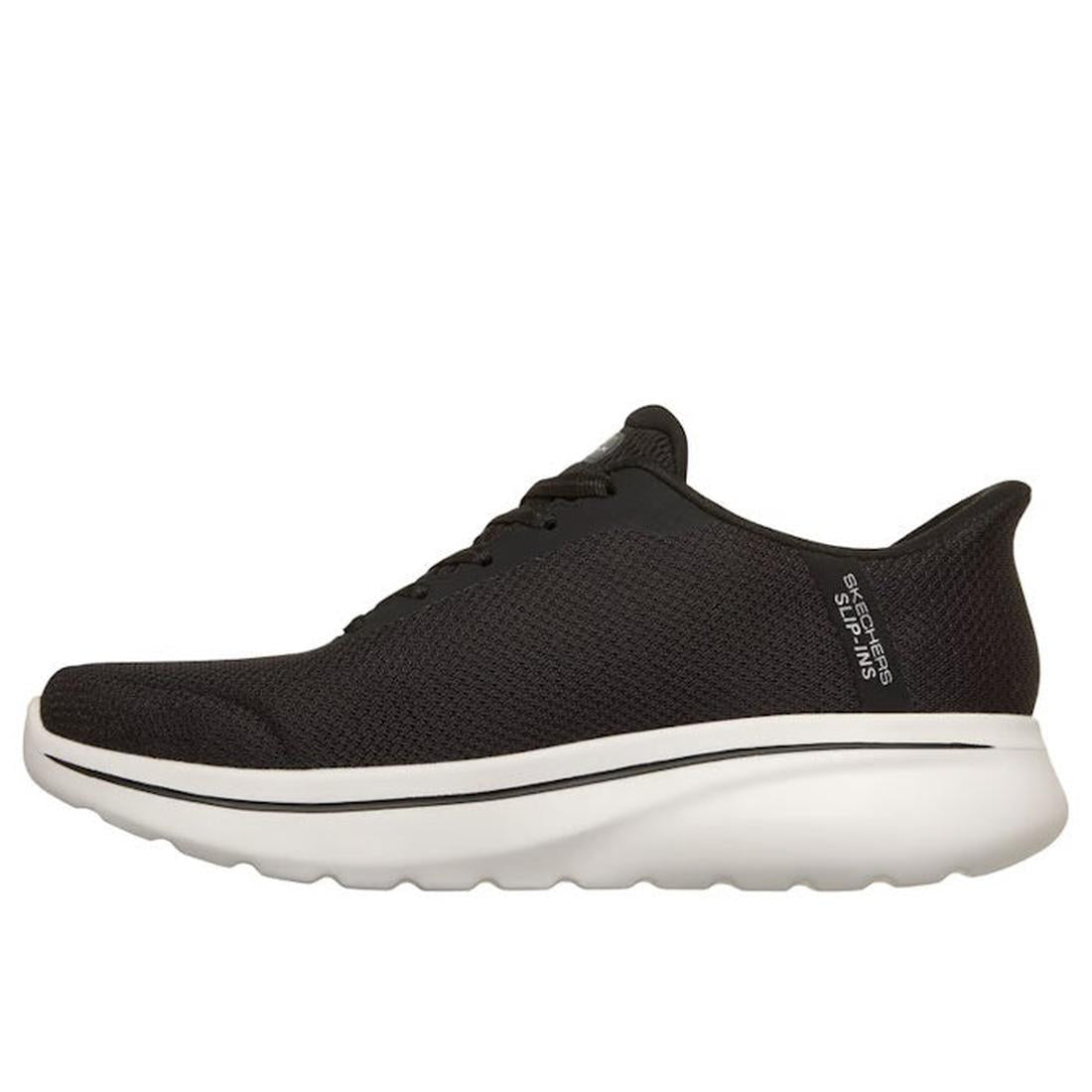 The Skechers Mens Slip In Go Walk Arch Fit Lace Up N-Joy Lenny Black White features a black mesh upper, thick white sole, black laces, “Skechers Slip-Ins” heel text, and Arch Fit technology for support; shown in side profile facing left., 198739977240, 19