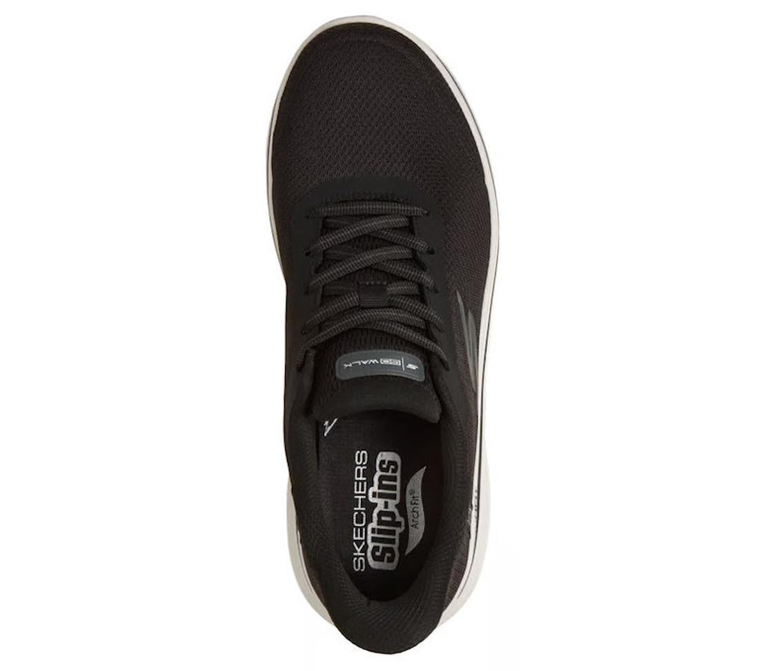 Top view of a Skechers Mens Slip In Go Walk Arch Fit Lace Up N-Joy Lenny in black/white, featuring a white sole, black laces, Air Cooled Memory Foam cushioning, and a visible Skechers Slip-ins label on the insole., 198739977240, 198739977264, 198739977288