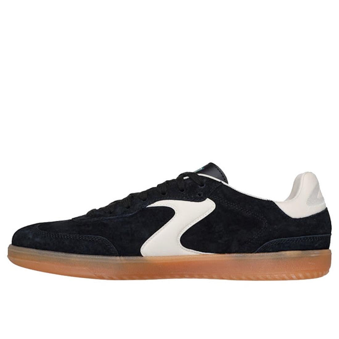 The Skechers Mens Hot Shot Azir Black Netural Lace Up Sneaker, shown from the left side, features black suede, a white wave logo and heel, translucent gum sole, signature Hotshot design, and Air-Cooled Memory Foam for comfort., 52375, 198376251314, 198376