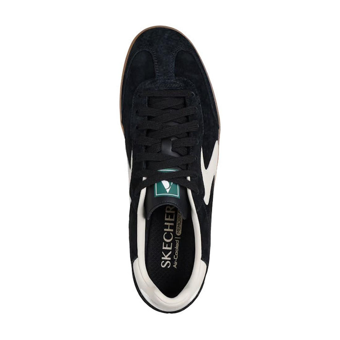 Top view of the Skechers Mens Hot Shot Azir Black Neutral Lace Up Sneaker featuring white side detailing, black laces, and a visible Skechers Air-Cooled Memory Foam label on the insole., 52375, 198376251314, 198376251338, 198376251352, 198376251376