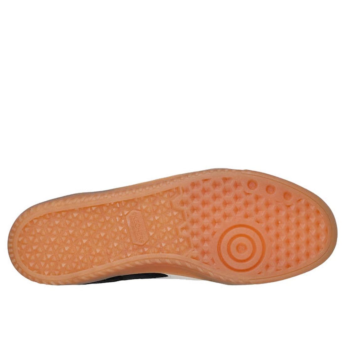 The image shows the bottom view of the Skechers Mens Hot Shot Azir Black Neutral Lace Up Sneaker, featuring a light brown translucent rubber sole with a textured pattern of small triangles and circles for grip., 52375, 198376251314, 198376251338, 19837625