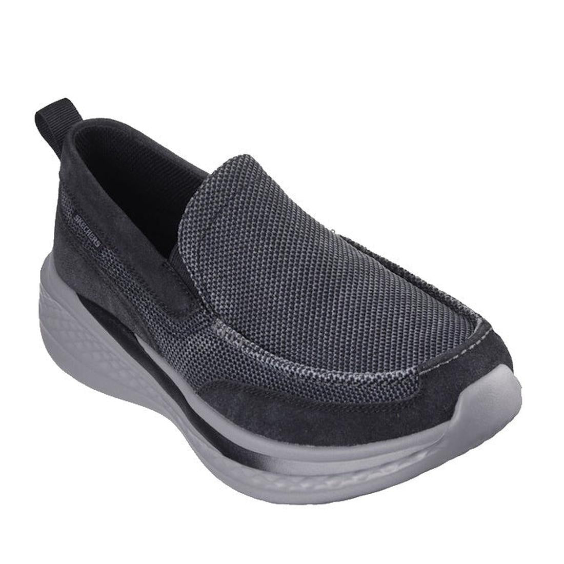 The Skechers Mens Slade Muson Black Slip on Trainer features a black and gray mesh upper, cushioned sole, heel pull tab, Relaxed Fit design, and Air-Cooled Memory Foam for sporty, comfortable casual wear.