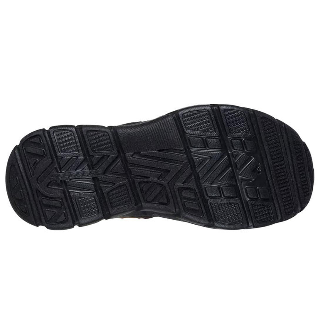 The image shows the black rubber outsole of the Skechers Mens Revolted SS Merrick Slip In Sandals in dark brown, featuring a textured, patterned tread with angular grooves and rectangular lugs for superior grip, traction, and stability., 47447, 47448, 197