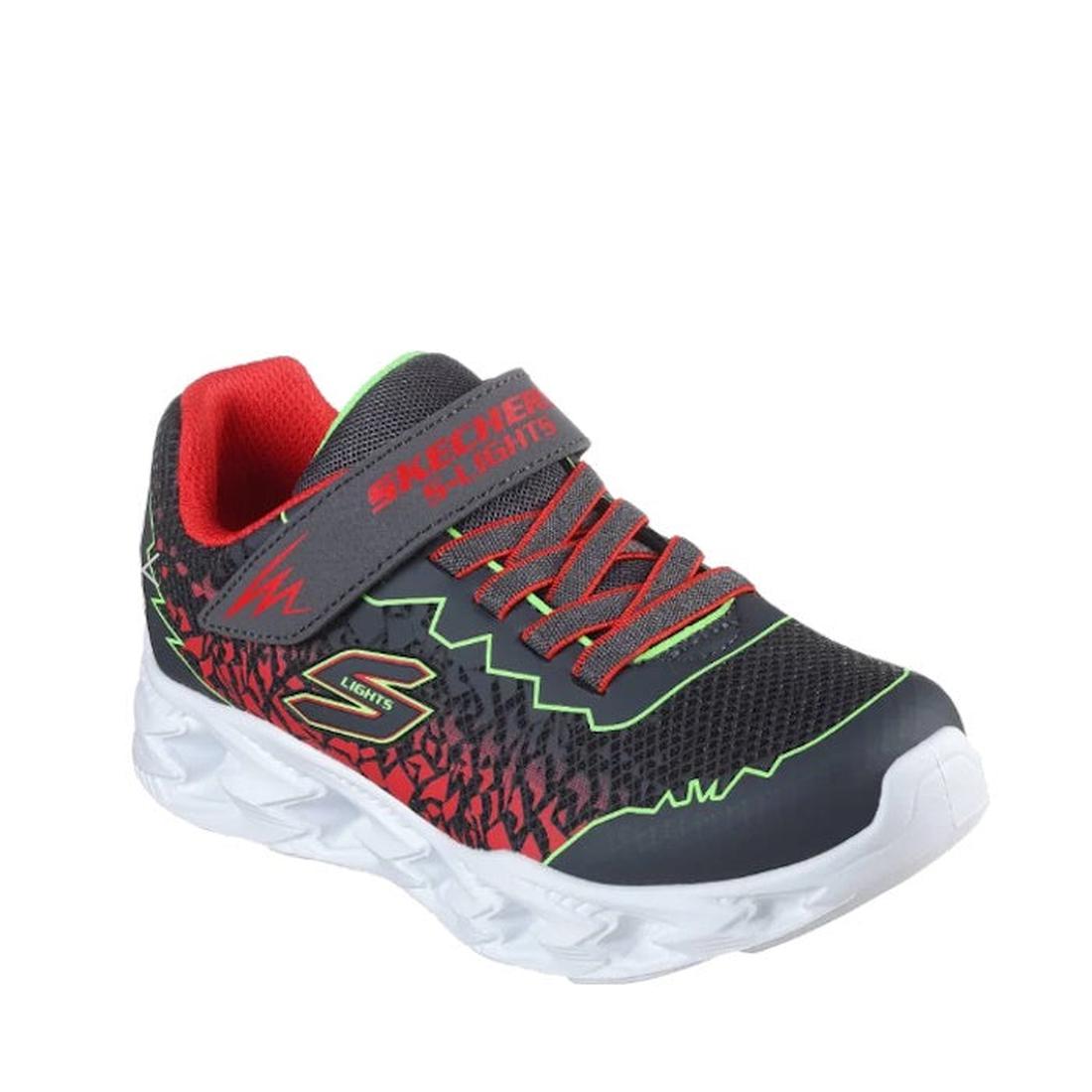 Skechers S Lights Vortex 2.0 Zorento kids’ trainers in charcoal and lime, with light-up soles, Velcro strap, and cozy support.  ksnz