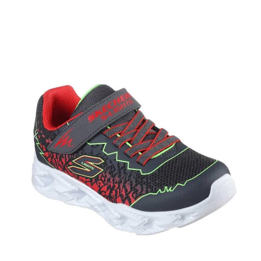 Skechers S Lights Vortex 2.0 Zorento kids’ trainers in charcoal and lime, with light-up soles, Velcro strap, and cozy support.  ksnz