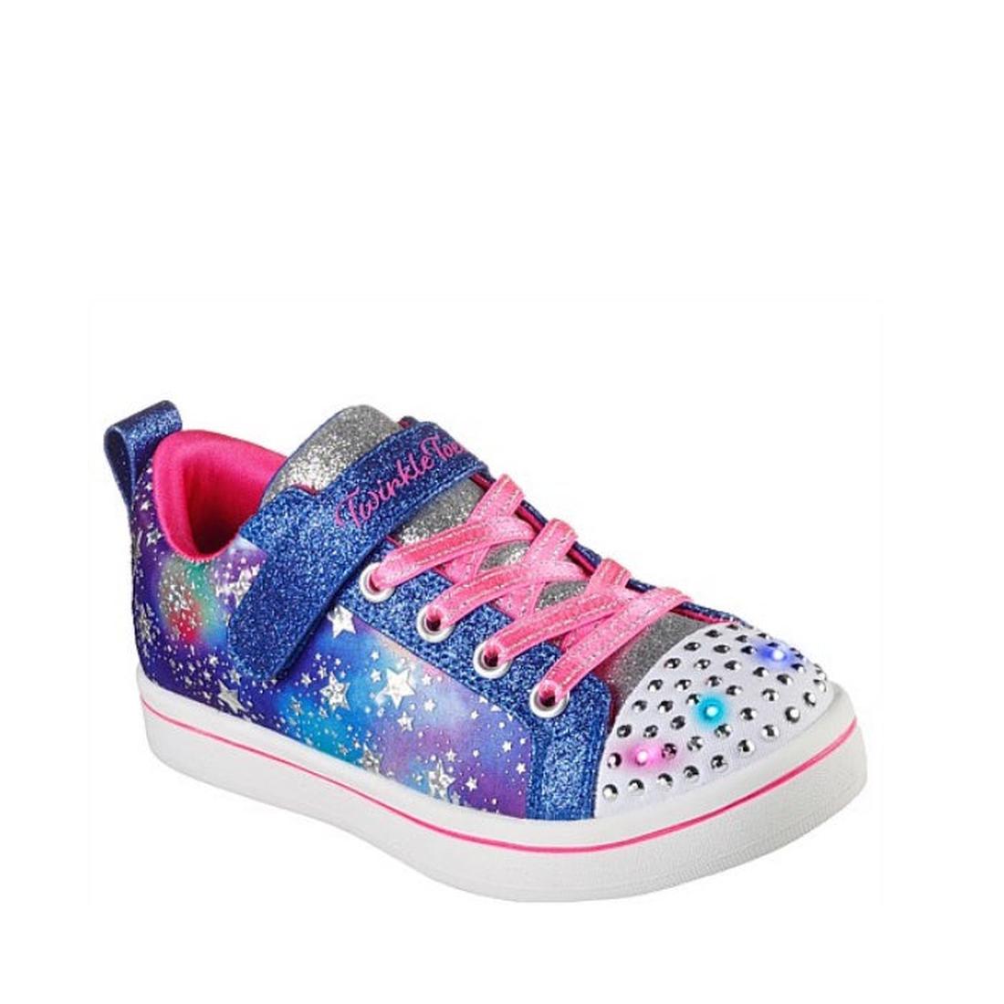 Skechers Sparkle Rayz Galaxy Brights Blue Multi Light Up Trainer: kids’ sneaker with glittery blue, pink laces, velcro, white sole.  ksnz