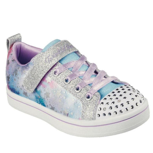 Skechers Sparkle Rayz Galaxy Brights Silver Multi kids’ light-up sneakers with cheerful tie-dye colors, glitter strap, and comfy purple-trimmed sole.  ksnz