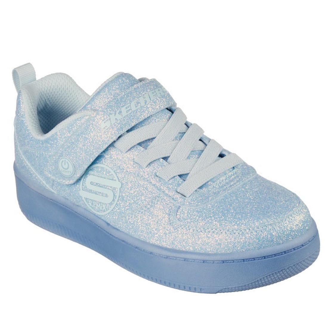 Skechers Kids S Lights Sport Court 92 Sparkle Remix: light blue sneaker with glittery upper, secure strap, sturdy sole, fun logos.  ksnz