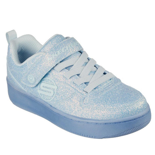 Skechers Kids S Lights Sport Court 92 Sparkle Remix: light blue sneaker with glittery upper, secure strap, sturdy sole, fun logos.  ksnz