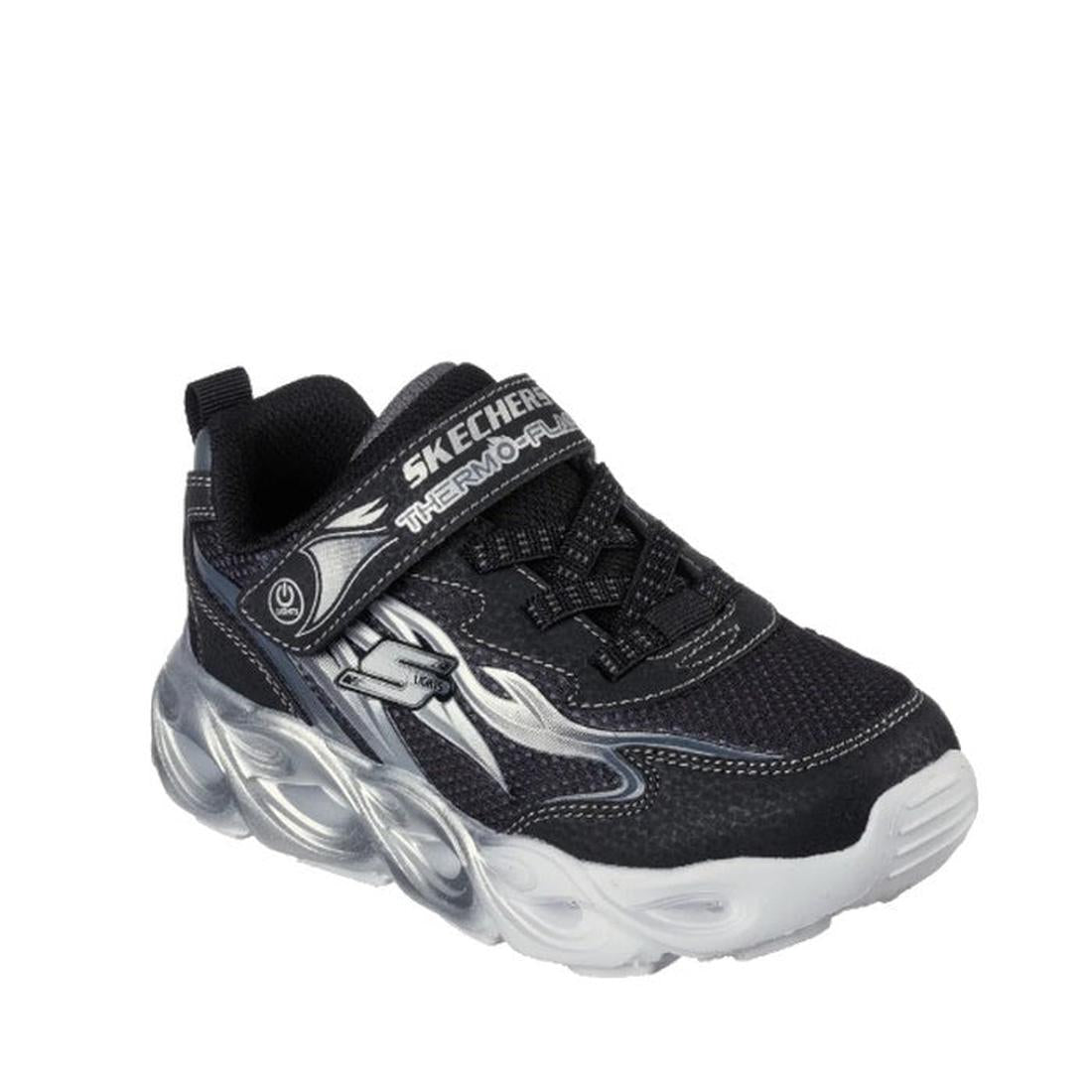 Skechers Boys S Lights Thermo Flash Heat Flux Trainer in black and silver with a chunky white sole, flame design, light-up steps, Velcro closure.  ksnz
