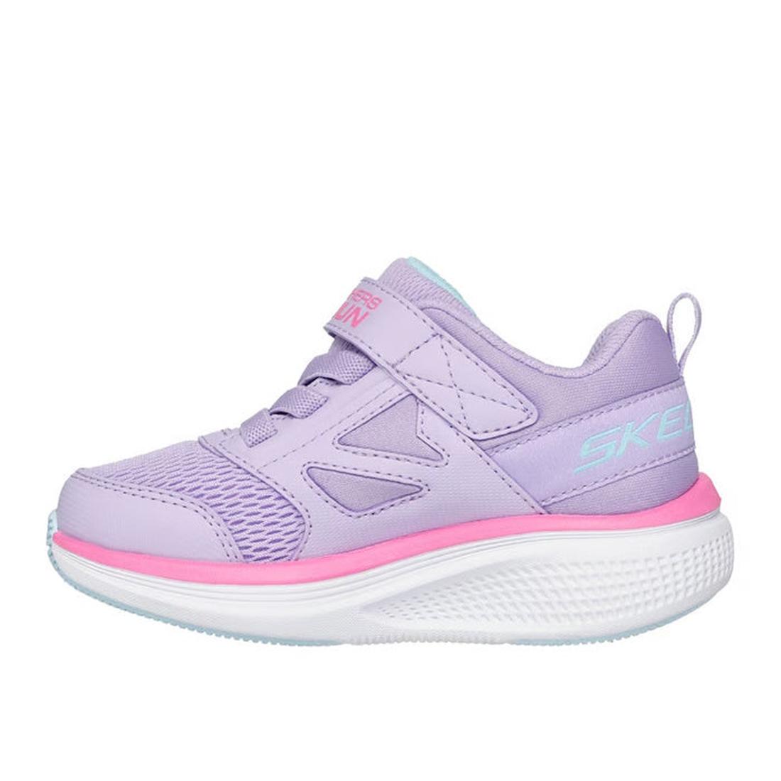The Skechers Toddlers Go Run Elevate 2.0 Where's My Skechers Lavender Trainer features a lavender color, pink stripe, thick white sole, light blue accents, Air-Cooled Goga Mat insole, velcro strap closure, and is shown in side profile., 49240, 19873963086