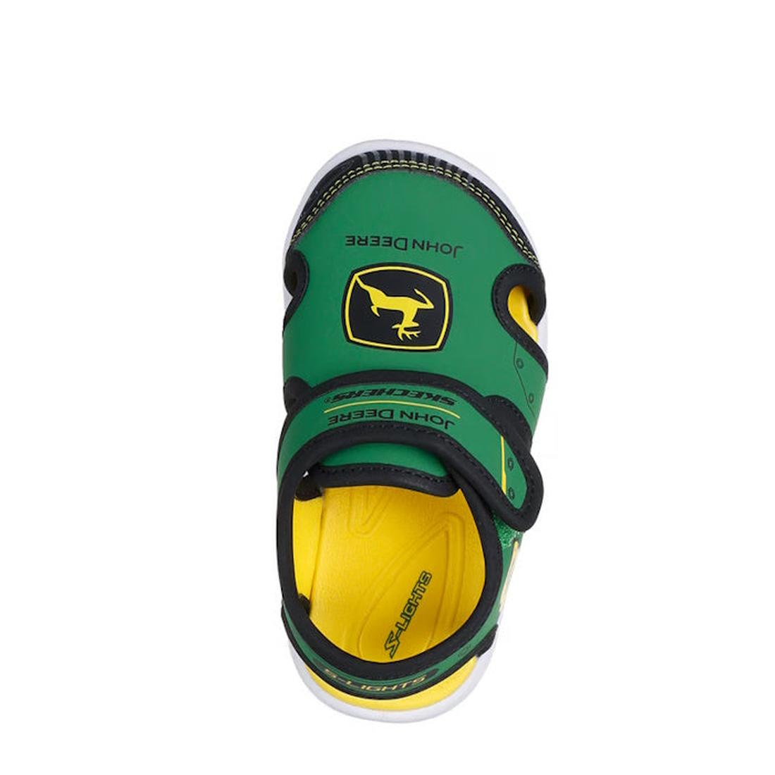 The Skechers Toddlers Hypno Splash Green John Deere Sandal is a kids’ closed-toe style in green and yellow with black accents, featuring the John Deere logo on the front, a hook-and-loop strap, and a bright yellow interior., 198739181814, 198739181821, 19
