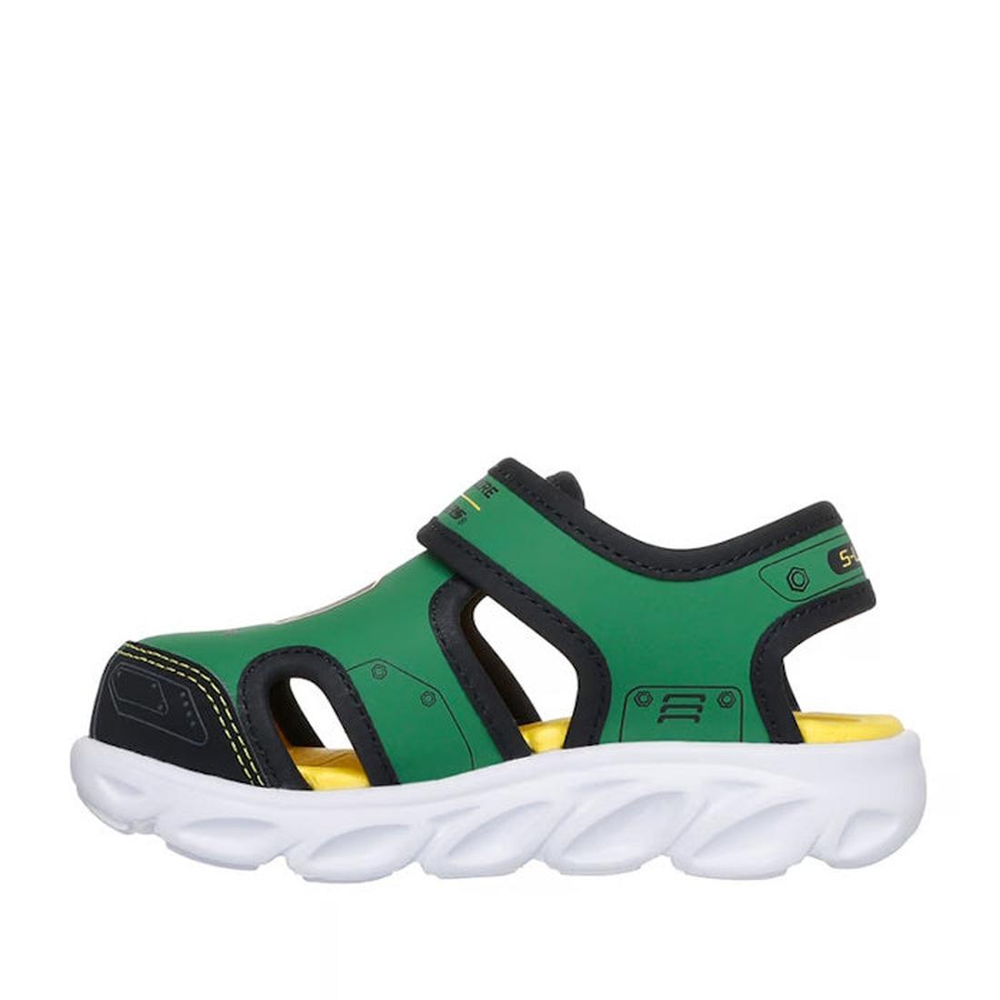 The Skechers Toddlers Hypno Splash Green John Deere Sandal features a closed-toe design in green and black with yellow accents, cut-out sides, and a thick white textured sole—ideal for active little ones., 198739181814, 198739181821, 198739181838, 1987391