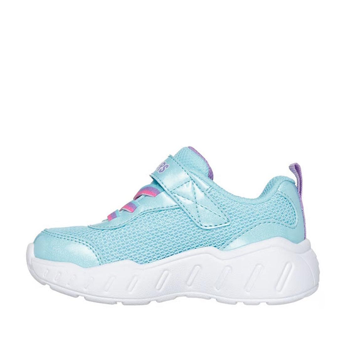The Skechers Kids Toddlers Play Scene Fun Squad Turquoise Multi is a kids' sneaker with a breathable mesh upper, pink accents, white thick sole, adaptive hook-and-loop closure with elastic laces, and a cushioned insole for comfort., 45357, 198376228576, 1