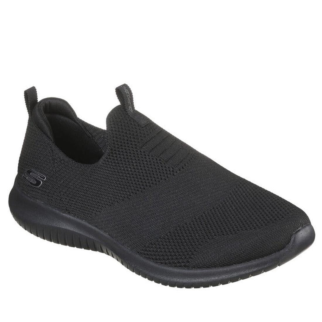 Skechers Ultra Flex First Take women’s black slip-on trainers have a stretchy knit top, comfy memory foam sole, and easy pull tabs.  ksnz