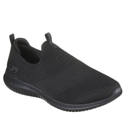 Skechers Ultra Flex First Take women’s black slip-on trainers have a stretchy knit top, comfy memory foam sole, and easy pull tabs.  ksnz