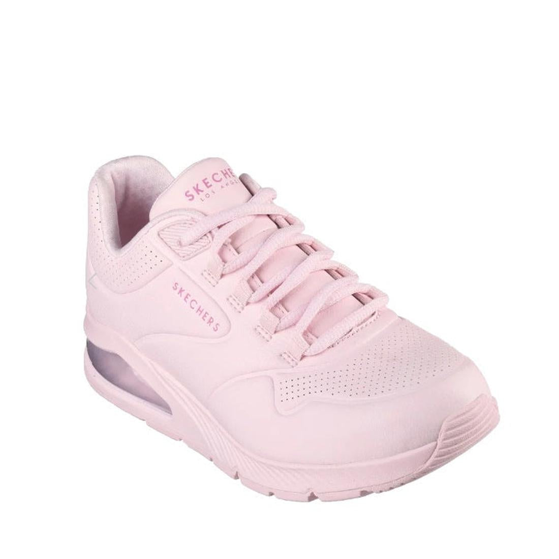 Skechers Uno 2 Pastel Players Light Pink sneakers for kids offer a comfy lace-up fit, cushy sole with heel air cushion, and fun style.  ksnz