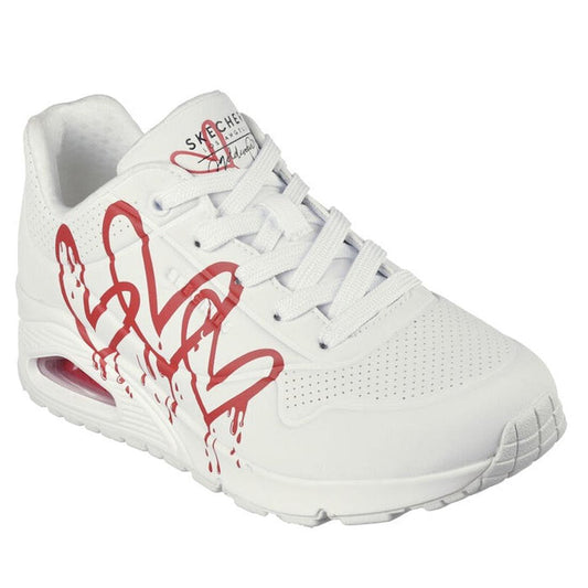 Skechers Uno X JGoldcrown White Red sneakers with playful red hearts, cushioned sole, lace-up closure, and airy memory foam comfort.  ksnz