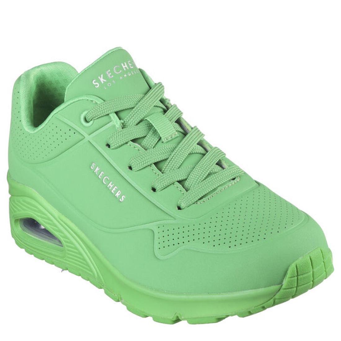 Skechers Uno Stand On Air Green Women's Trainer—lightweight sneaker with air-cushioned sole, lace-up front, and comfy memory foam.  ksnz
