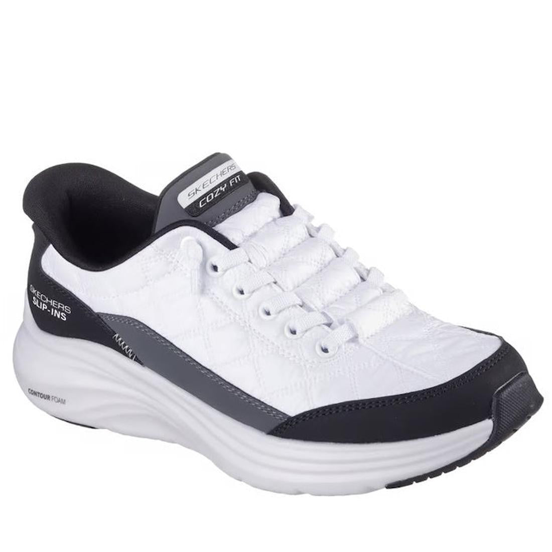 The Skechers Womens Slip In Contour Foam Cozy Fit Trainers in white and black feature a thick cushioned sole, Air-Cooled Memory Foam, slip-in design, gray accents, curved sole lines, and Skechers branding.