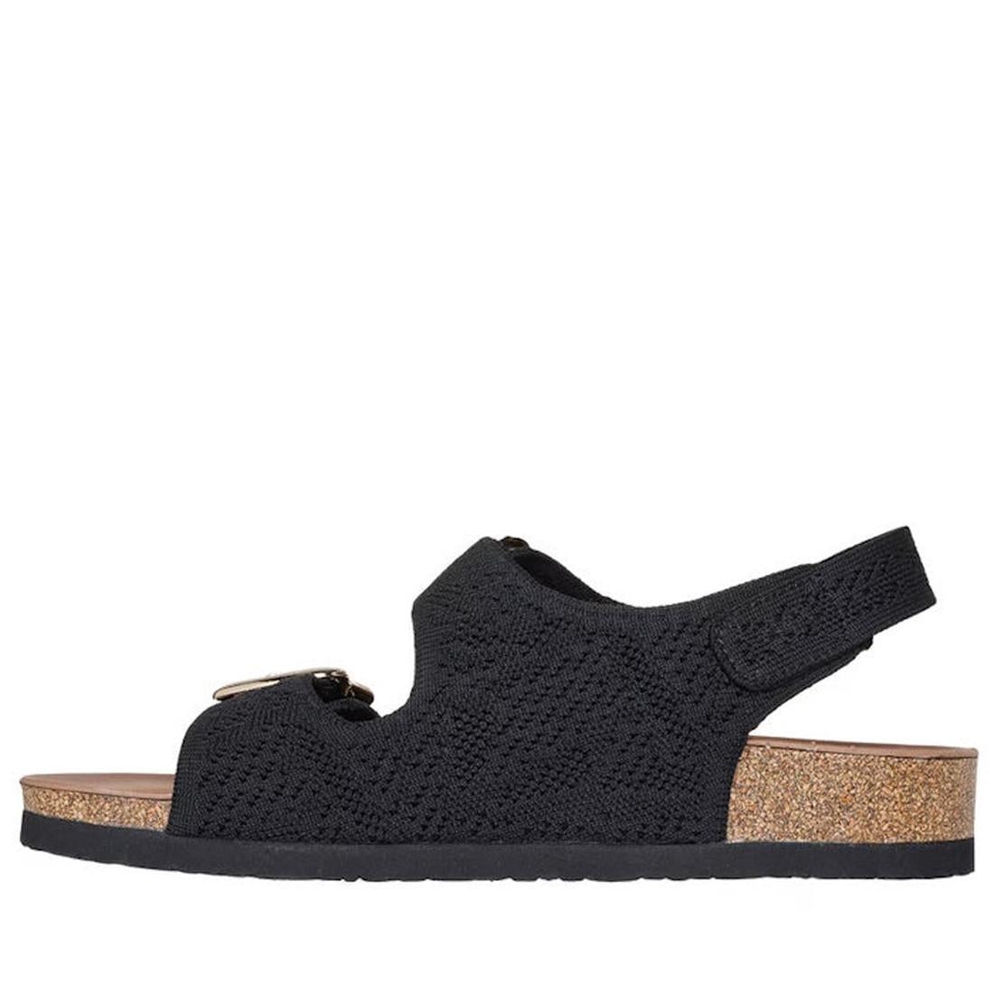 The Skechers Womens Arch Fit Granola Special Summer Black Sandal features a textured upper, buckle detail, adjustable heel strap, cork sole with flat black rubber base, and podiatrist-certified arch support. Shown in side profile on white., 49055, 1983768