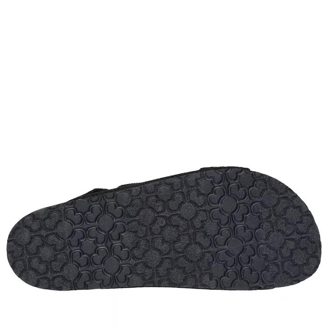 The image shows the black rubber sole of the Skechers Womens Arch Fit Granola Special Summer Black Sandal, featuring a textured pattern with repeating clover-like shapes across its surface on a plain white background., 49055, 198376896683, 198376896690, 1
