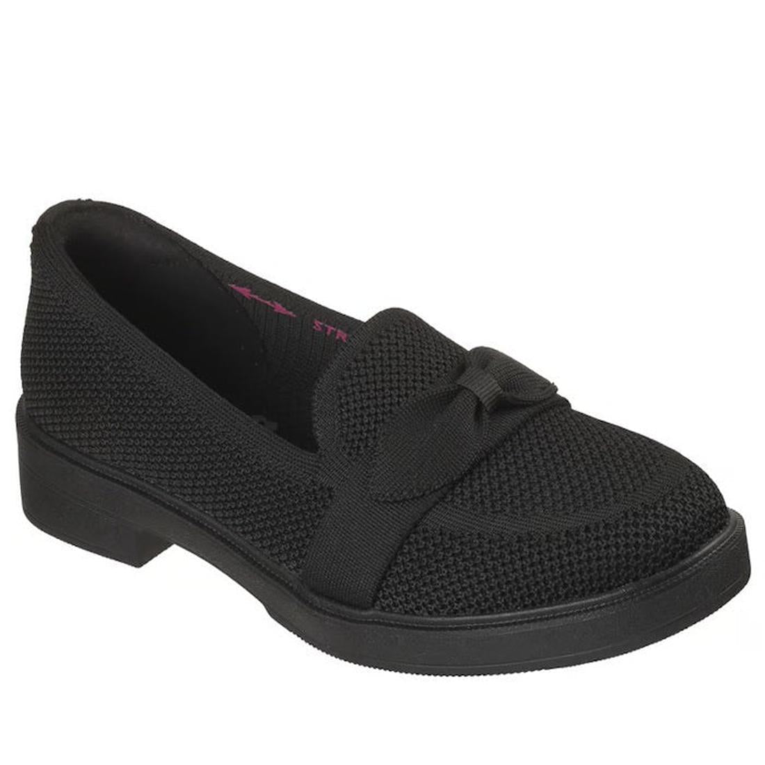 The Skechers Womens Cleo Taylor Desire Black Fabric Loafer is a black slip-on with a textured knit upper, small decorative knot on top, and a low black sole.