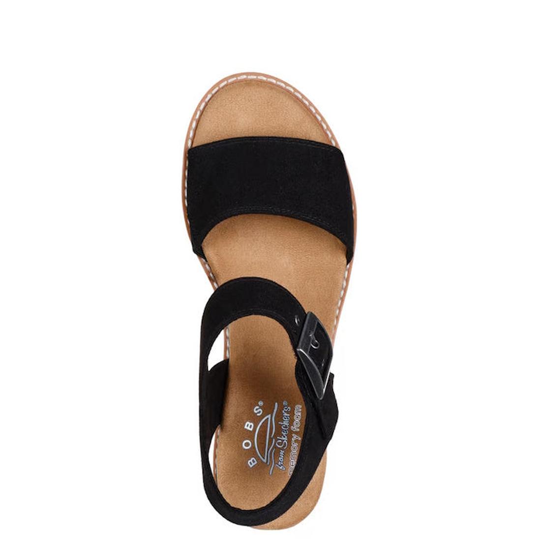 Top view of the Skechers Bobs Womens Desert Kiss Serendipitous Black WIDE Sandal with a tan Memory Foam footbed, black suede front strap, black ankle strap with buckle, and BOBS logo on the insole., 49003, 49004, 49005, 198739222050, 49007, 198739222074, 