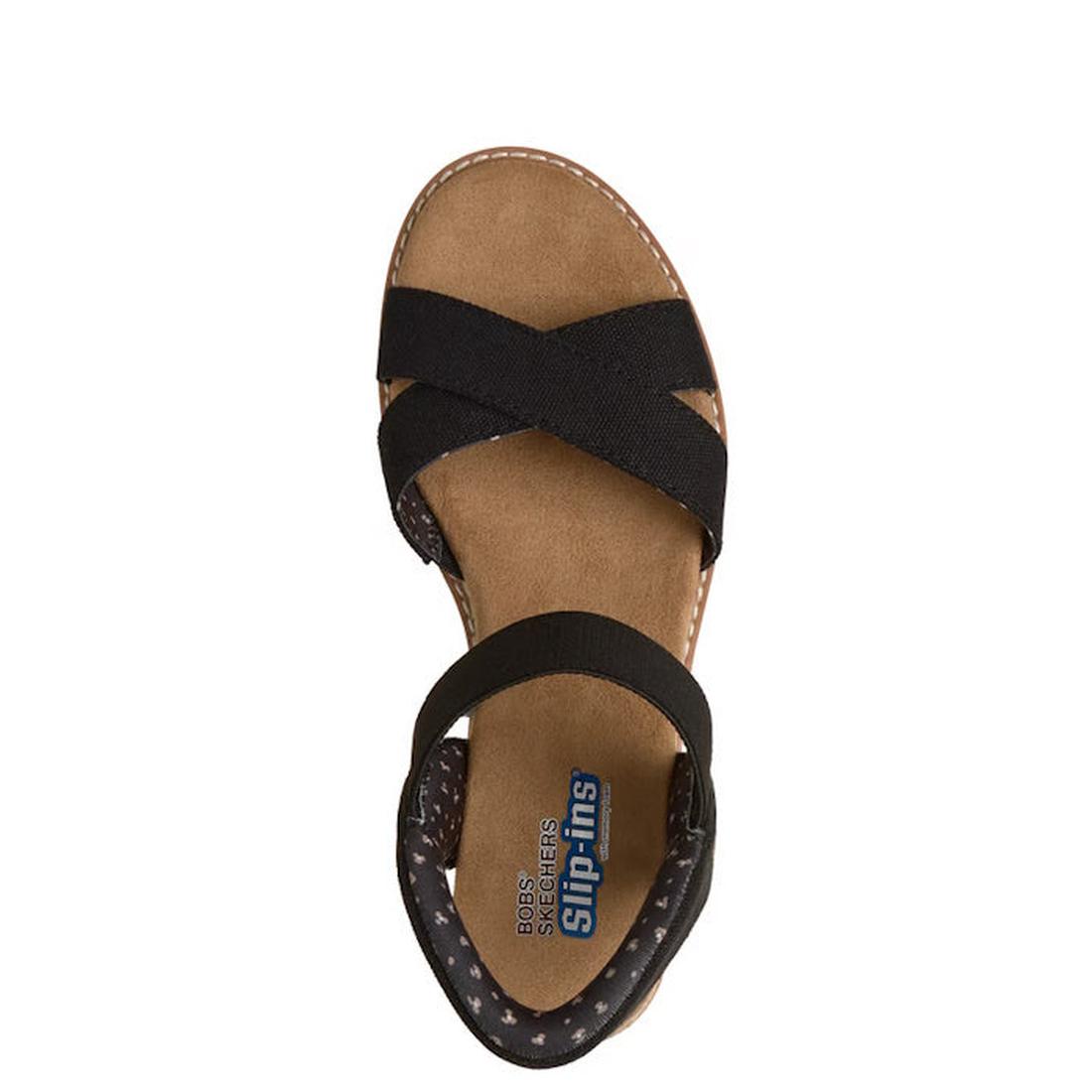 The Skechers Womens Bobs Desert Kiss Golden Lily Black SLIP IN sandal features black vegan crisscross elastic straps, a backstrap, and a tan Memory Foam footbed. Shown from above on a white background., 198739558487, 198739558500, 198739558524, 1987395585