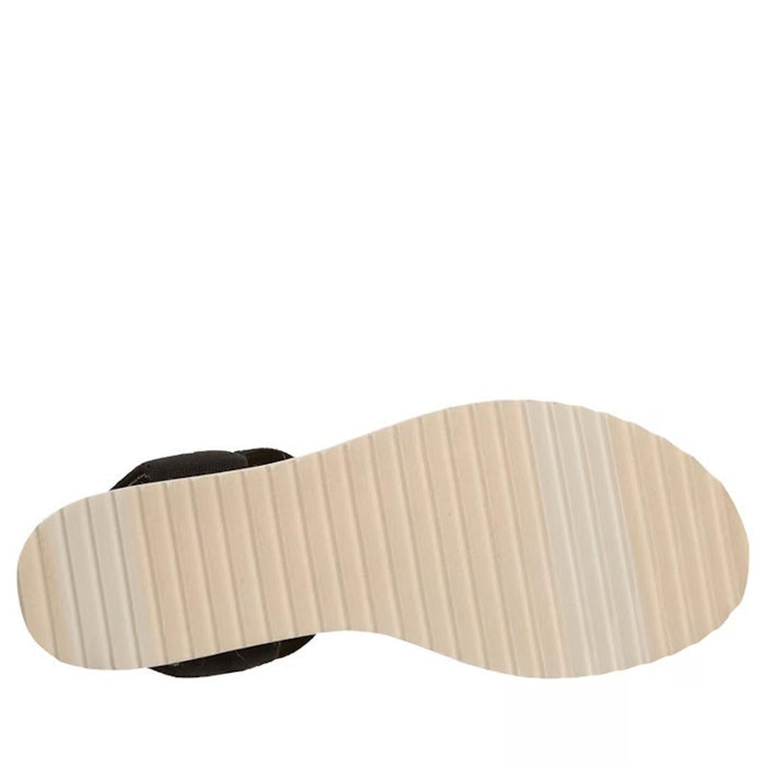 The image shows the bottom sole of the Skechers Womens Bobs Desert Kiss Golden Lily Black SLIP IN, featuring a beige, textured, ribbed pattern and a glimpse of the black upper near the heel with Memory Foam footbed comfort., 198739558487, 198739558500, 19