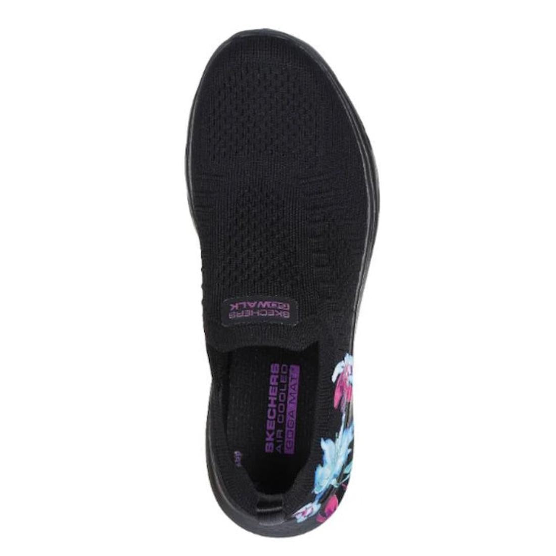 Top view of the Skechers Go Walk 7 Black Multi Floral women's slip-on shoe with a stretch fit upper, Air-Cooled Memory Foam comfort, purple insole branding, and pink and blue floral embroidery on the heel., 38360, 38361, 197976408913, 197976408920, 197976