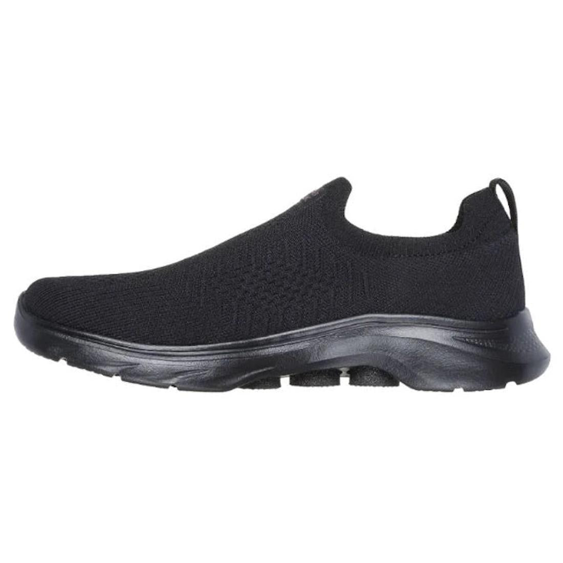 The Skechers Go Walk 7 Black Multi Floral Women's Slip-On Shoe features a stretch-fit upper, thick cushioned sole with Air-Cooled Memory Foam, and a heel pull tab, shown in side profile on a white background., 38360, 38361, 197976408913, 197976408920, 197