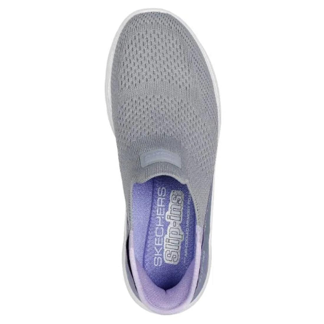 Top view of a Skechers Womens Slip Ins Go Walk 7 Mia Grey Lavender shoe with a mesh upper, purple interior, Air-Cooled Memory Foam cushioning, and the Skechers logo on the insole., 38371, 38372, 197627364025, 197627364032, 197627364049, 197627364056, 1976