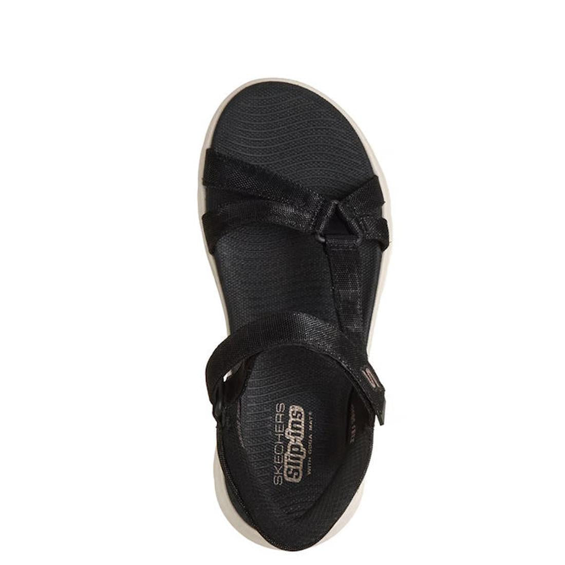 The Skechers Womens Slip Ins Sandals Go Walk Flex Sssophia Black features an open toe, adjustable ankle strap, cushioned footbed, white sole, and visible branding on the insole. Photographed from above on a white background., 198376904128, 198376904135, 1