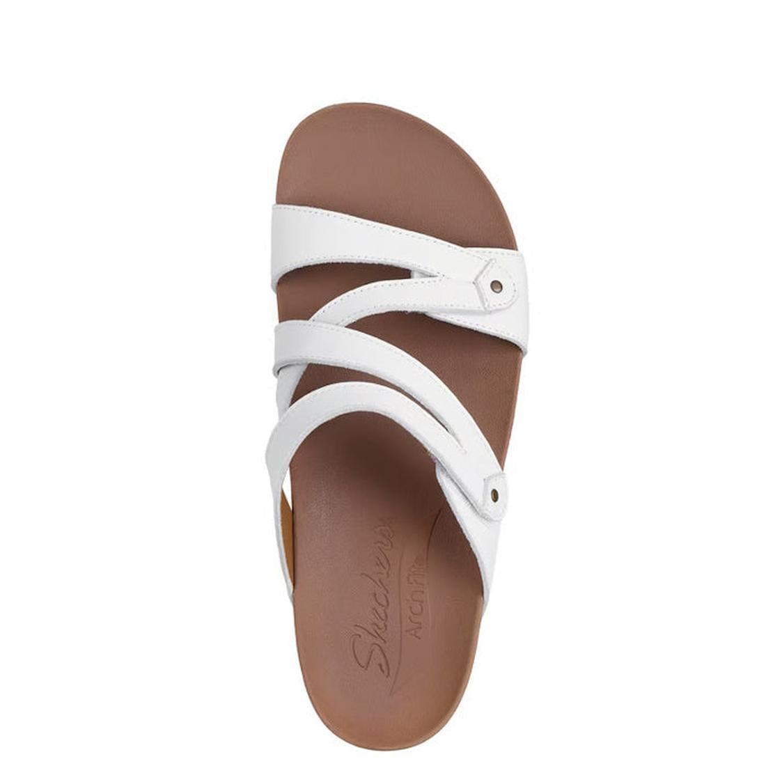 The Skechers Womens Arch Fit Granola Slim White Slide is a brown leather sandal with three white straps, a round metallic accent near the toe, and a supportive footbed for all-day comfort., 49043, 198739182224, 198739182231, 198739182248, 198739182255, 49