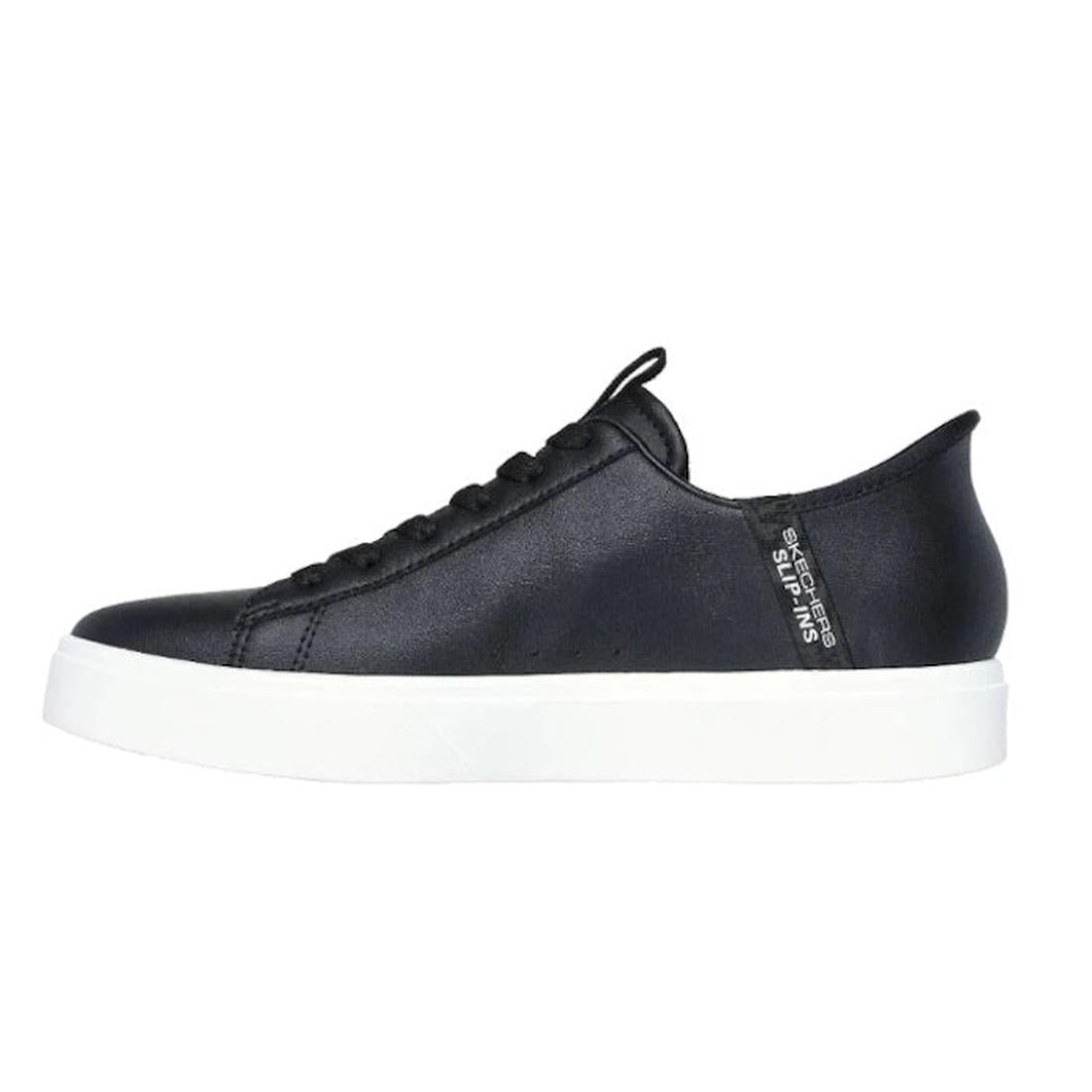 The Skechers Eden LX Royal Stride Black White Slip In Trainer is a black low-top sneaker with white platform sole, black laces, SLP INS text by the heel, Hands Free Slip-ins for easy wear, and Air-Cooled Memory Foam for all-day comfort., 38411, 38412, 196