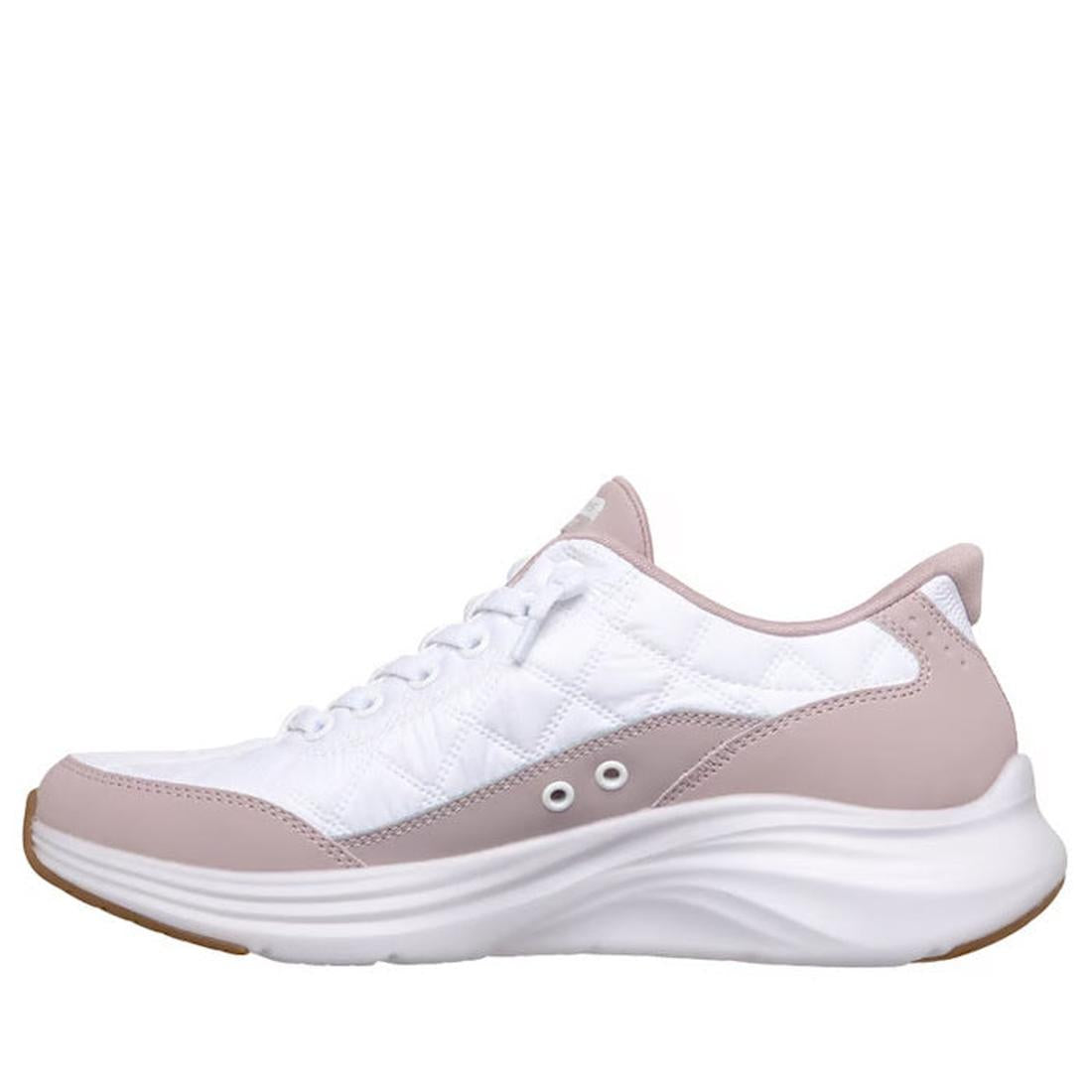 The Skechers Womens Slip In Contour Foam Cozy Fit White Lavender Puffer Sneakers feature a white quilted design with light lavender accents, Hands Free Slip-ins, white laces, a thick sole, Air-Cooled Memory Foam, and side eyelets for ventilation., 1979769