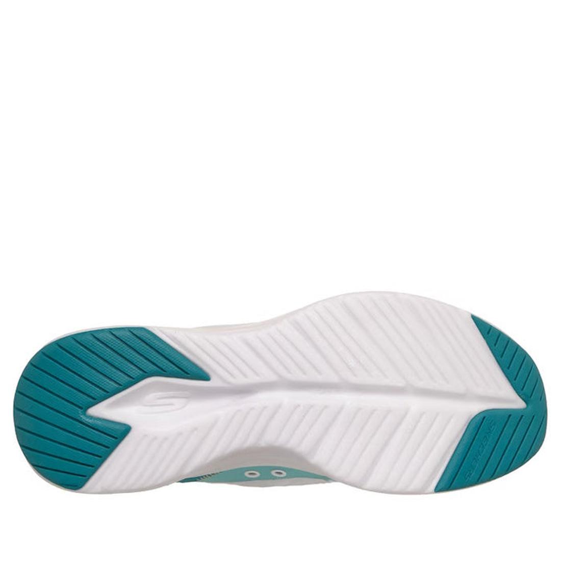 The image shows the sole of the Skechers Womens Slip In Contour Foam Cozy Fit White Turquoise, mostly white with turquoise at the toe and heel, a textured tread for grip, a molded S shape, and Contour Foam for comfort., 48955, 197976962293, 48957, 1979769
