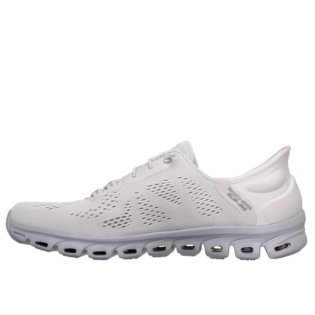 The Skechers Womens Slip In Glide Step Amore Lavender WIDE WIDTH Trainer features a mesh upper with ventilation holes, a thick cushioned segmented sole, and Air-Cooled Memory Foam for comfort., 50625, 198739310955, 198739310979, 198739310993, 50629, 50630