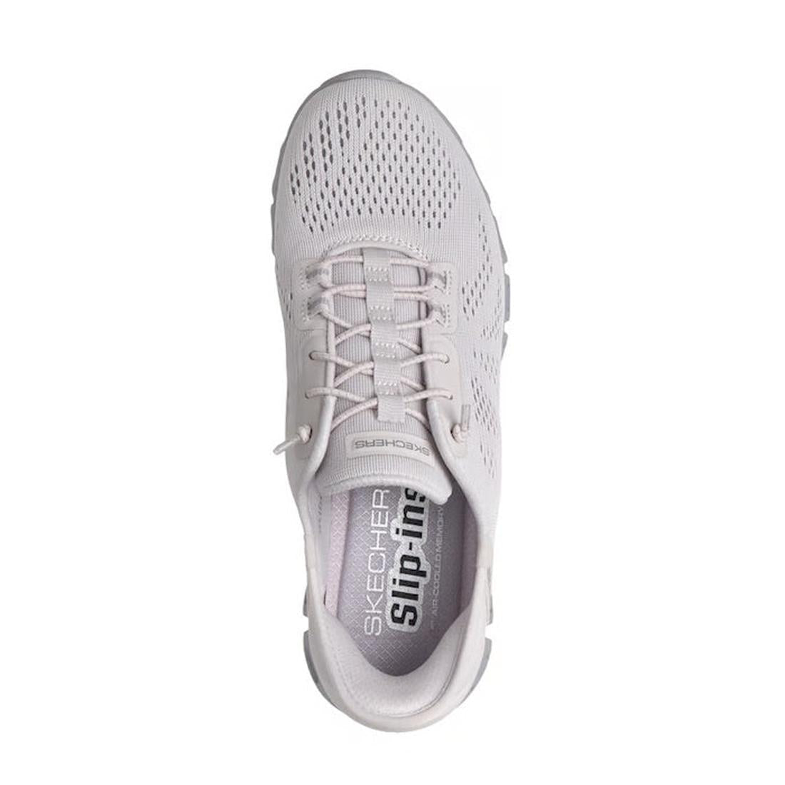 Top view of a lavender Skechers Womens Slip In Glide Step Amore WIDE WIDTH Trainer, featuring mesh fabric, elastic laces, Air-Cooled Memory Foam comfort, and the Slip-ins logo on the insole., 50625, 198739310955, 198739310979, 198739310993, 50629, 50630