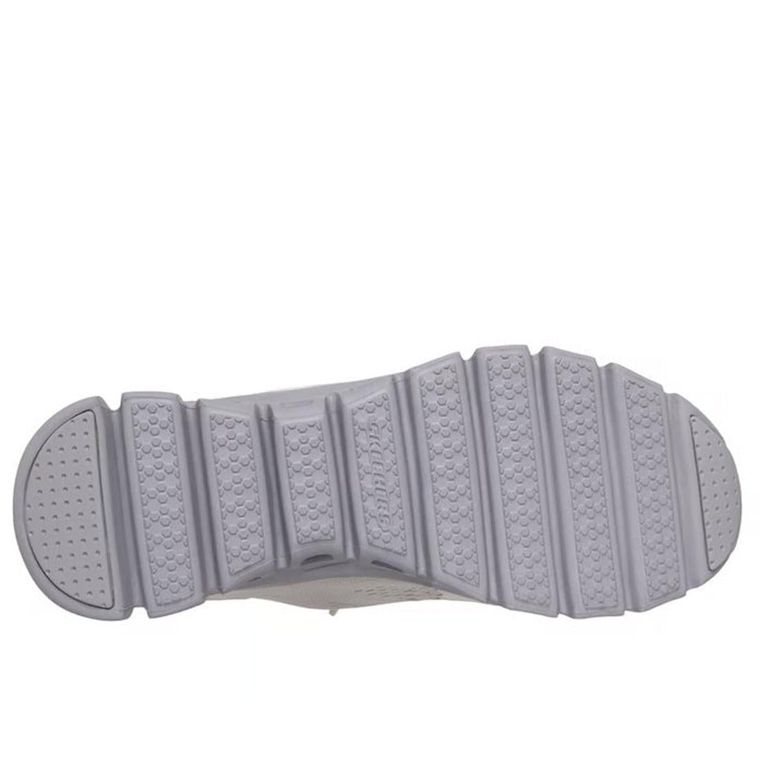 The image displays the gray, textured sole of the Skechers Womens Slip In Glide Step Amore Lavender WIDE WIDTH Trainer with horizontal grooves and patterned treads for grip, viewed from the bottom against a white background., 50625, 198739310955, 19873931
