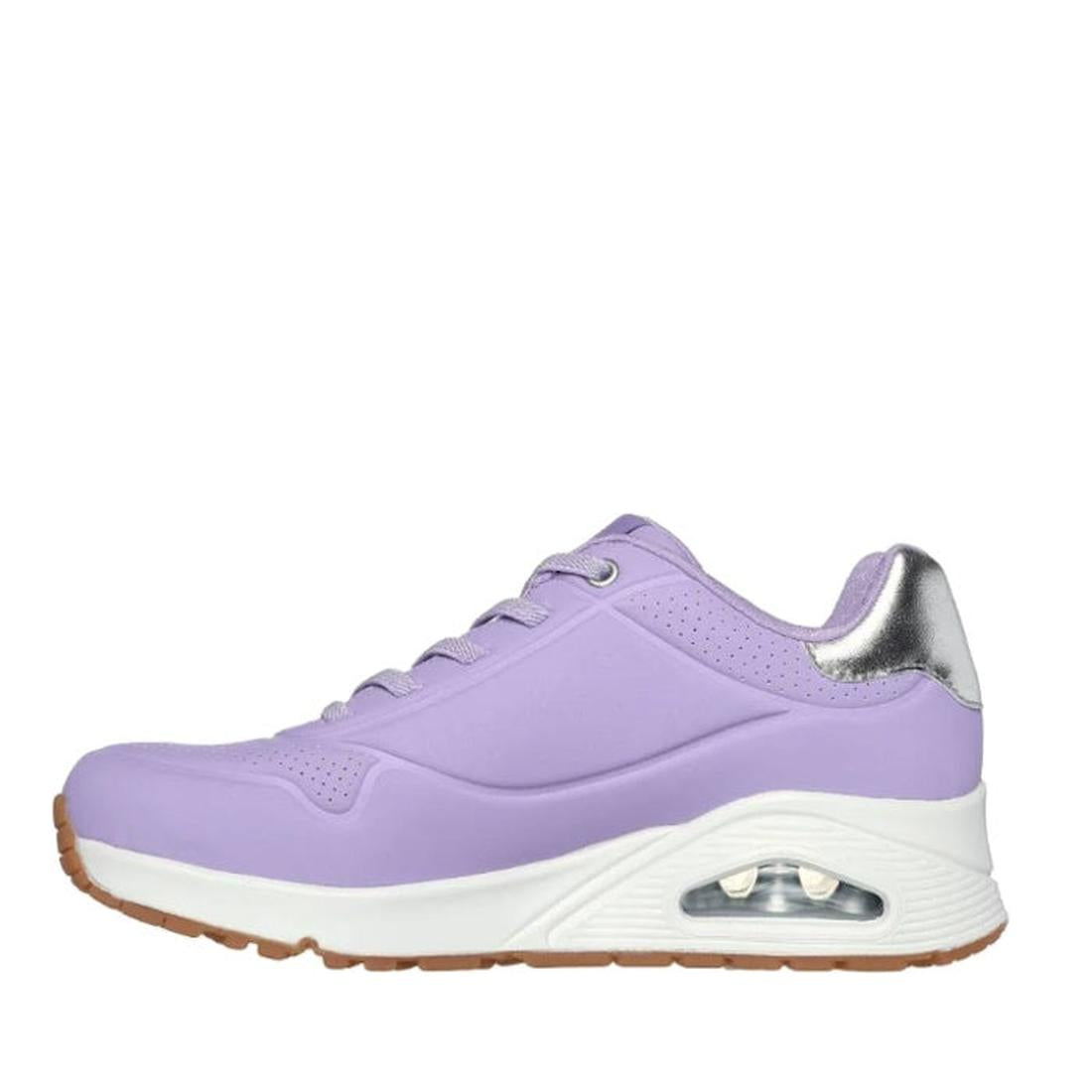 The Skechers Uno Shimmer Away Lilac Trainer Pull On is shown in a side profile, featuring a white sole with visible air cushion, gum outsole, metallic silver heel accent, and Air-Cooled Memory Foam for all-day comfort., 38381, 38382, 197627487144, 38384, 