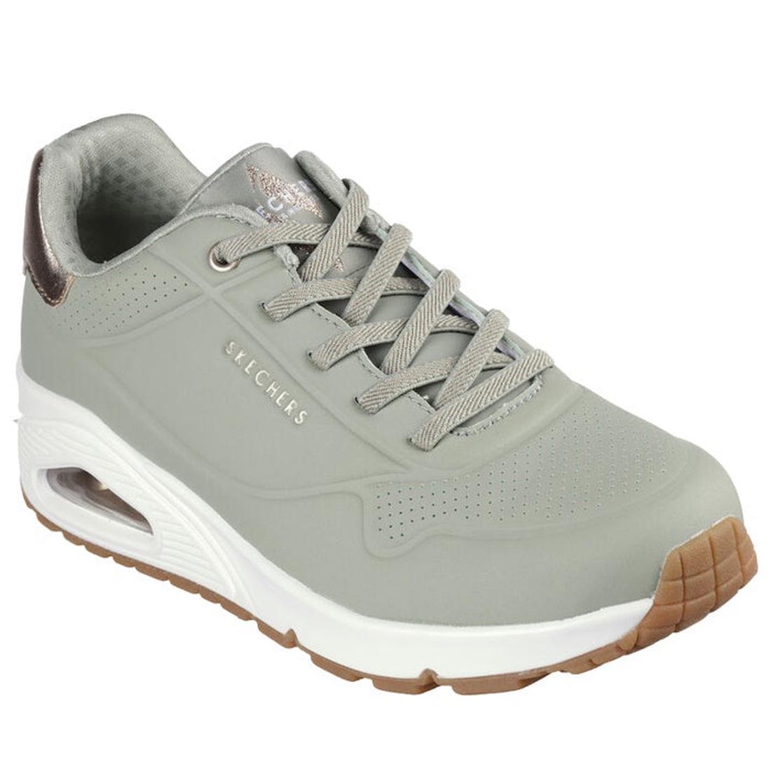 The Skechers Uno Shimmer Away Sage Trainer Pull On features a gray design with white and brown sole, gray laces, perforated toe detailing, visible heel air cushion, and Air-Cooled Memory Foam for all-day comfort.